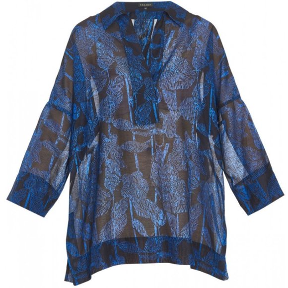 Escada Tops - Escada Floral V-Neck Collared Blouse Silk Blue Black (36)